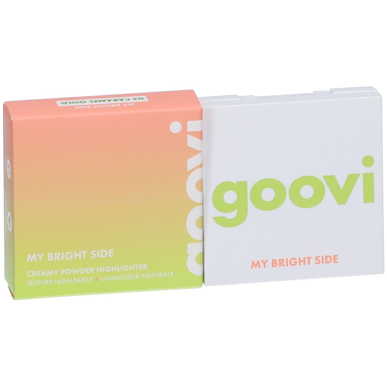 Confezione Goovi My Bright Side. Sfumatura arancione-verde. Scritte: Goovi, My Bright Side, Creamy Powder Highlighter.