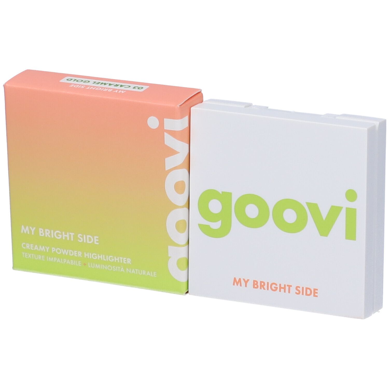 Confezione Goovi My Bright Side. Sfumatura arancione-verde. Scritte: Goovi, My Bright Side, Creamy Powder Highlighter.