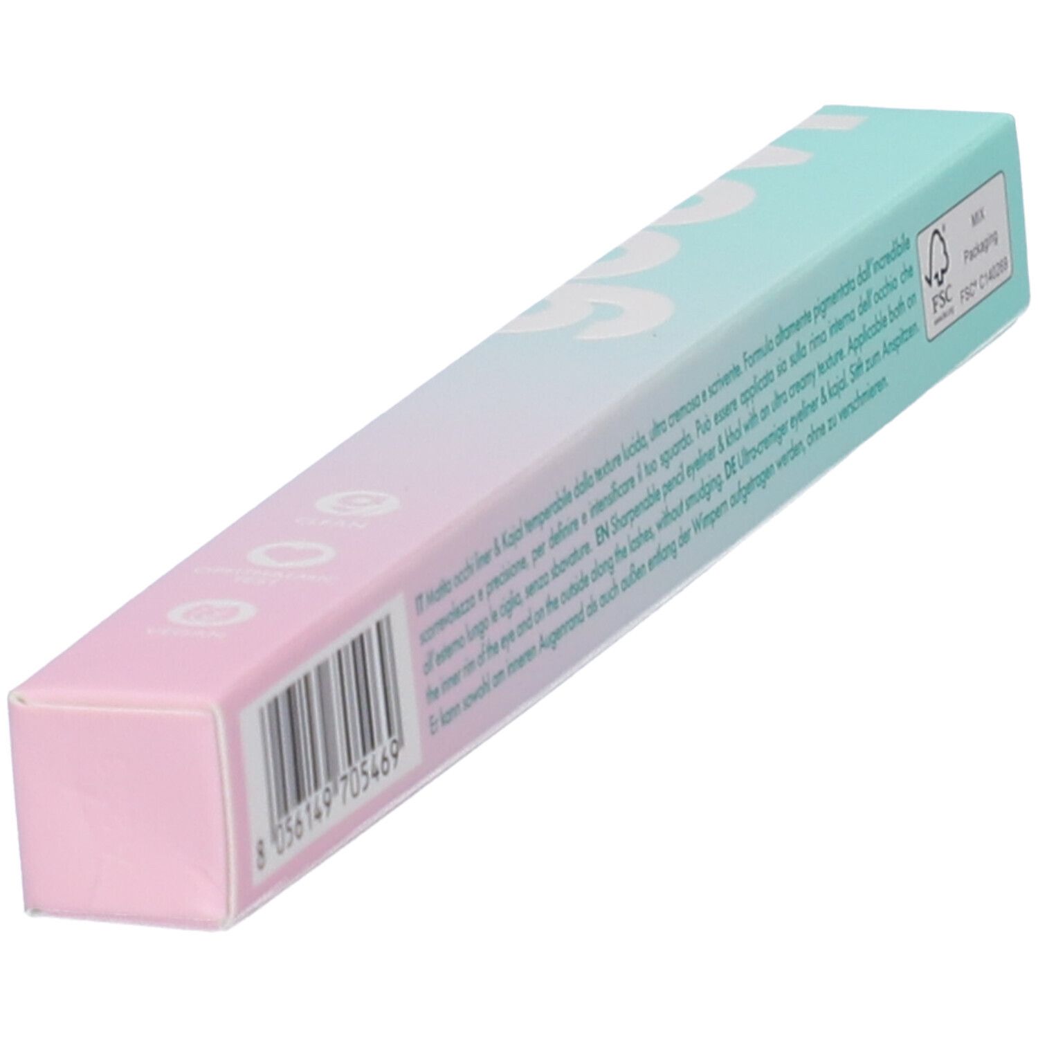 Confezione in diagonale. Sfumatura rosa-turchese. Codice a barre. Testo e loghi. Logo FSC.