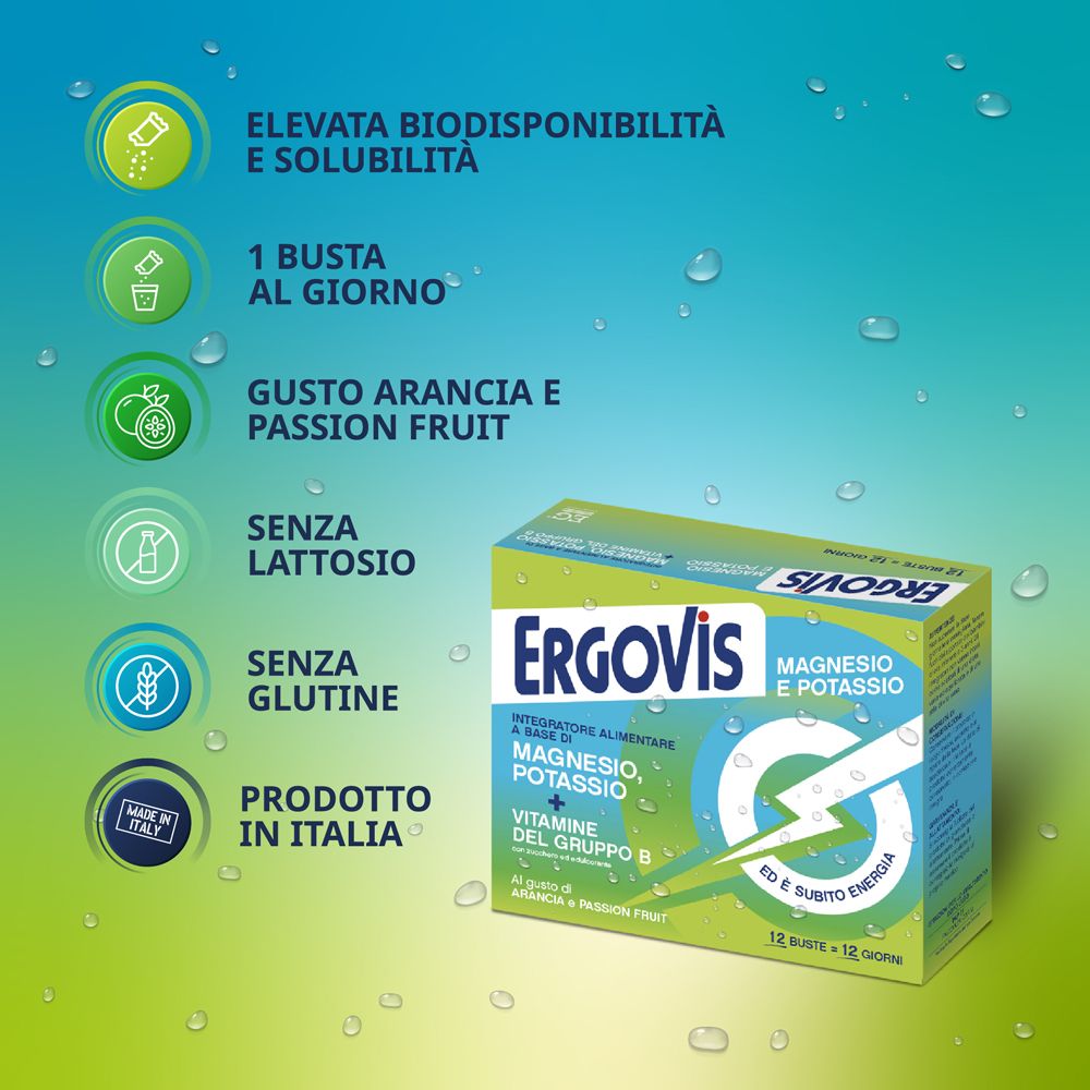 Scatola Ergovis Magnesio Potassio + Vitamine Gruppo B. Contiene informazioni sugli ingredienti e l'aroma.