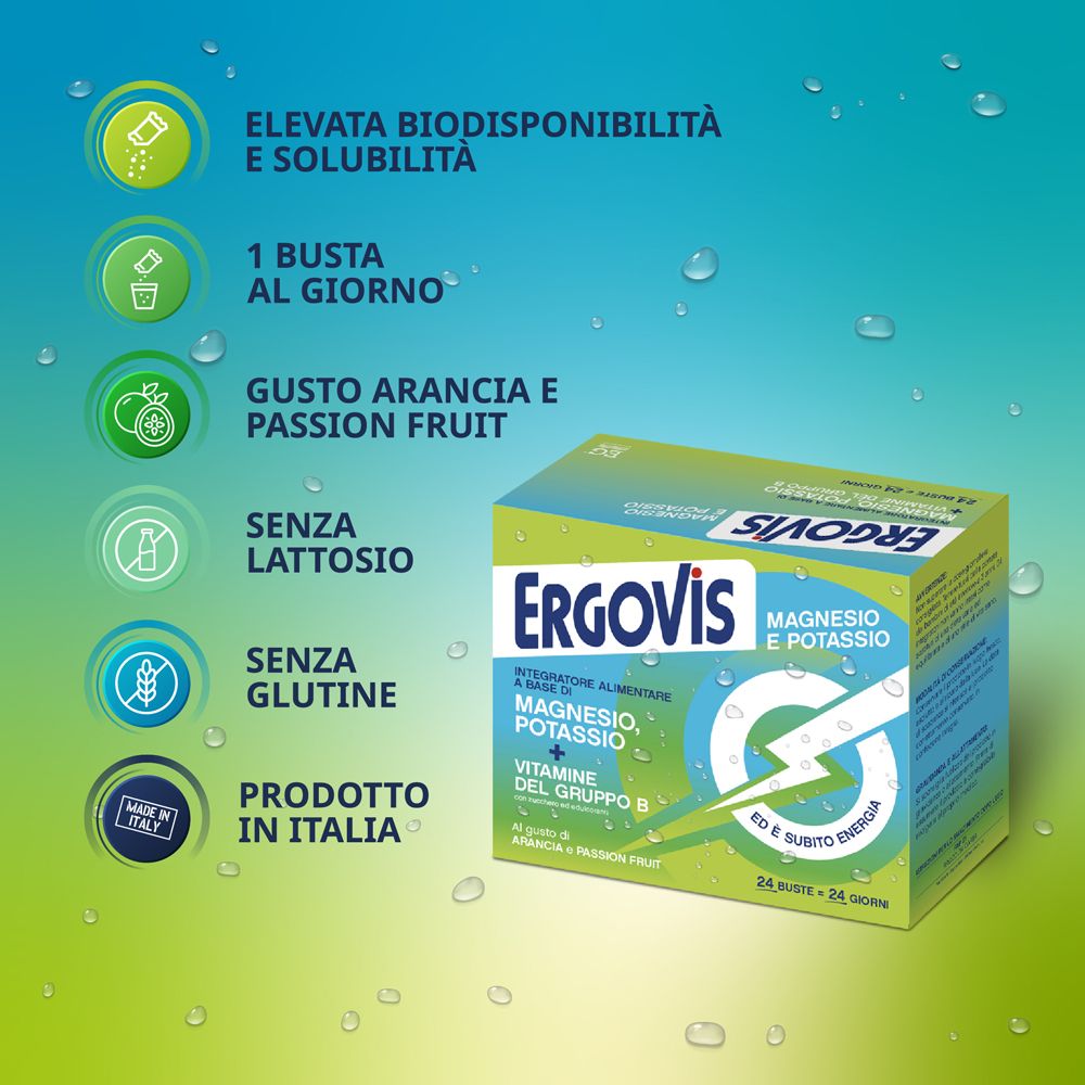 Scatola Ergovis Magnesio Potassio + Vitamine Gruppo B. Informazioni su solubilità, gusto, ingredienti e origine.