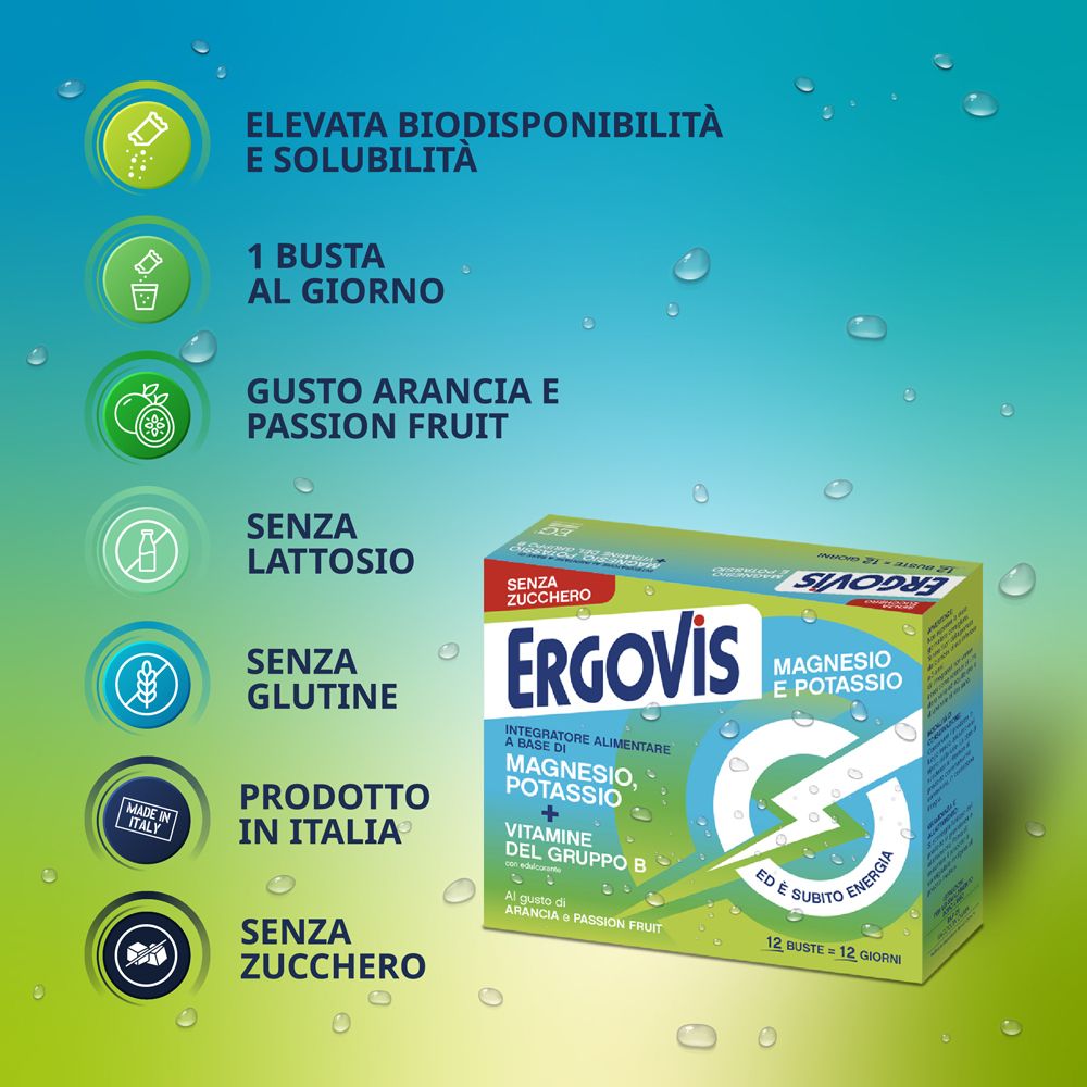 Confezione del prodotto con testo: '1 bustina al giorno'. Contiene magnesio, potassio e vitamine B. Senza lattosio e glutine.