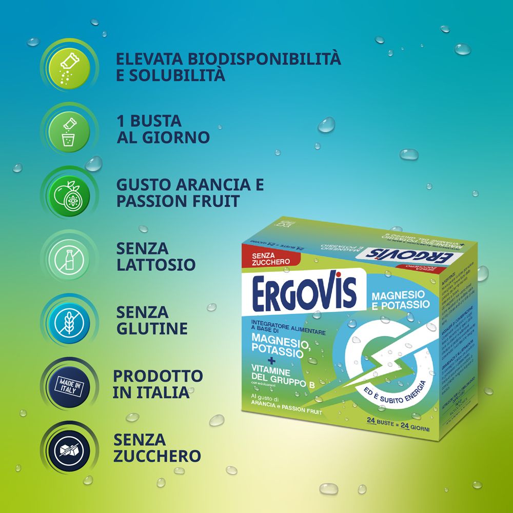 Scatola Ergovis Magnesio, Potassio + Vitamine Del Gruppo B. Contiene 24 bustine. Informazioni e loghi aggiuntivi.