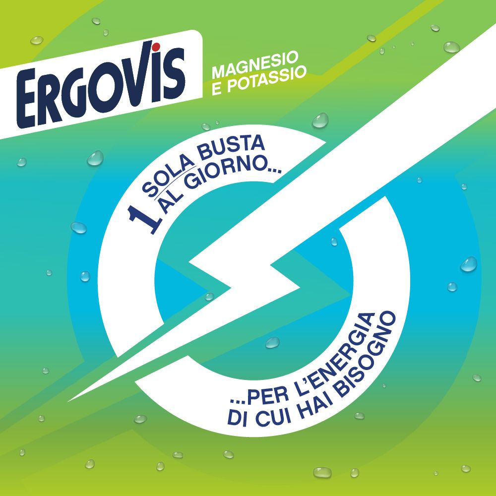 Grafica con fulmine e testo. Ergovis Magnesio e Potassio. '1 sola busta al giorno...per l'energia di cui hai bisogno'.