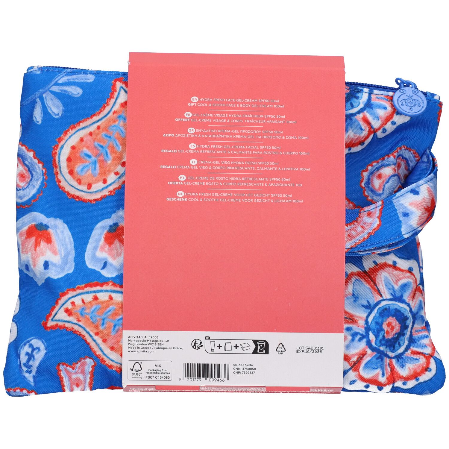 Retro della confezione del prodotto con testo. Pochette blu con motivi floreali. Simboli di riciclaggio e ambientali.