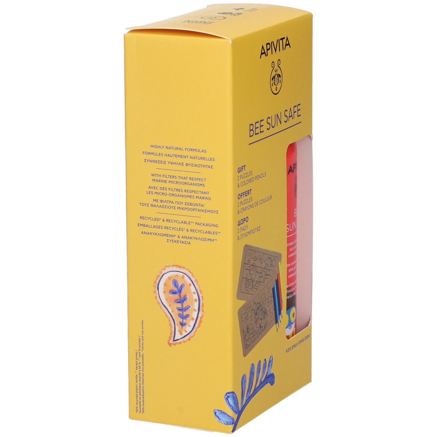 Vista laterale di una scatola gialla. Scritta: Bee Sun Safe. Contiene spray rosso e puzzle.