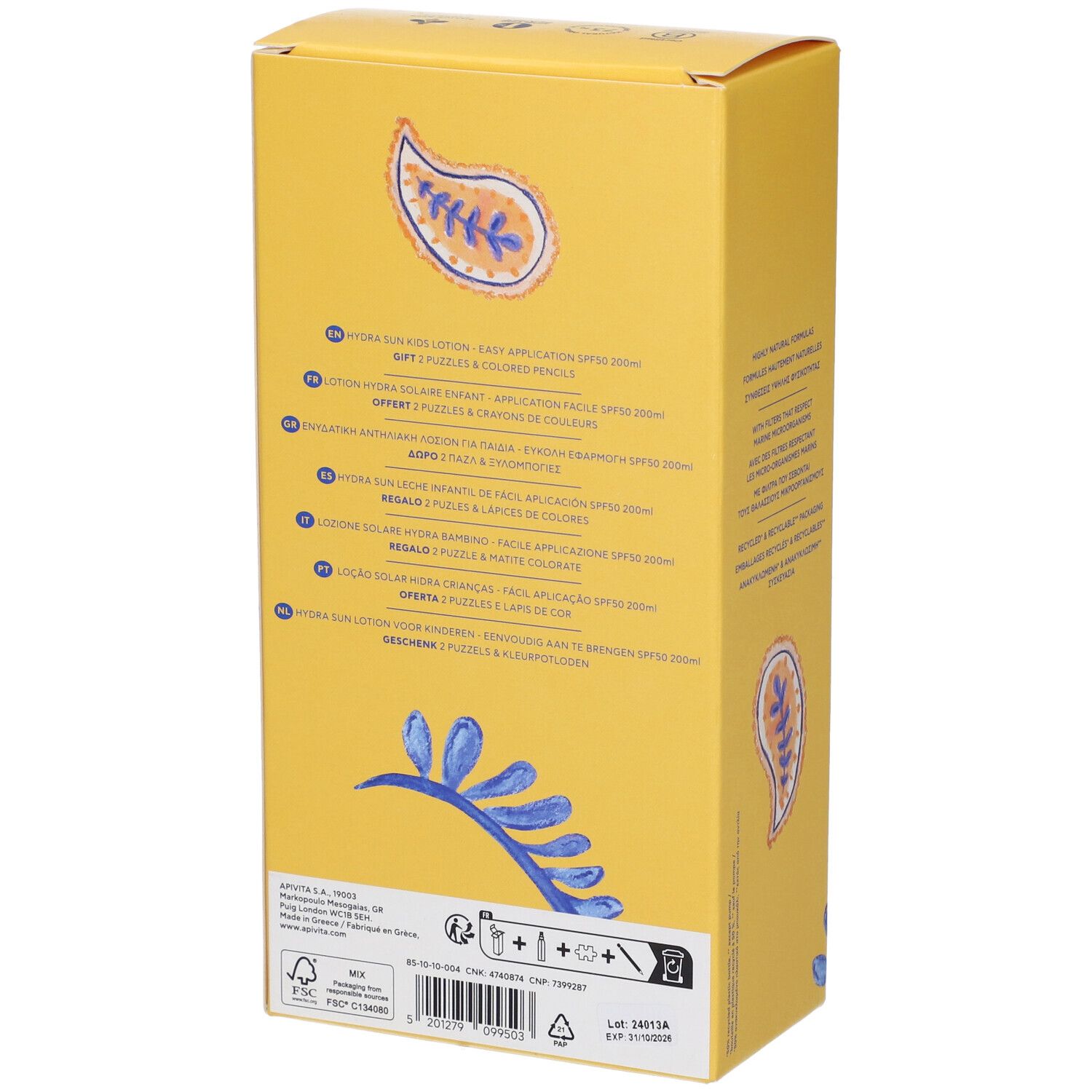 Retro di una scatola gialla. Testo multilingue. Scritta: Bee Sun Safe. Contiene informazioni sul prodotto.