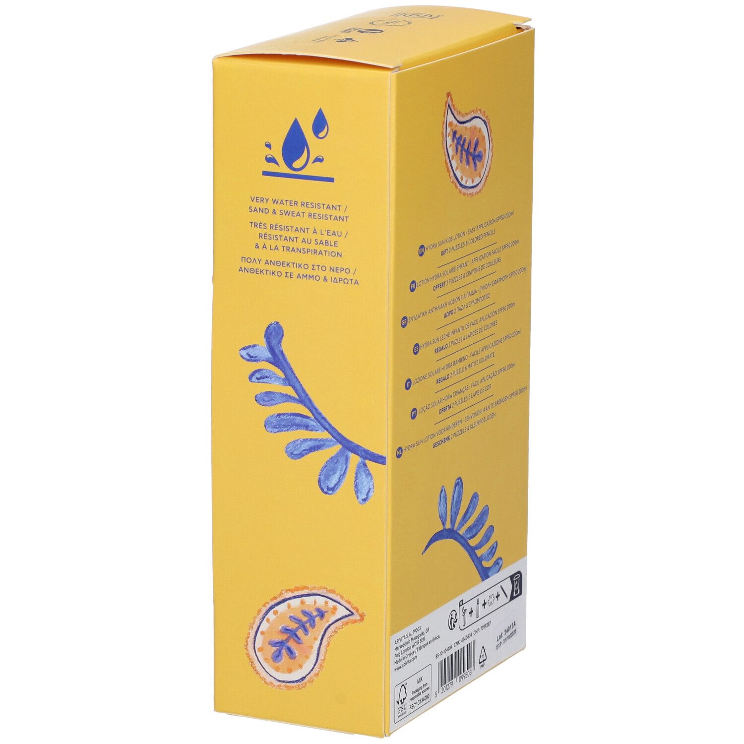 Scatola gialla con decorazioni blu e gialle. Scritta: Bee Sun Safe. Contiene informazioni sul prodotto.