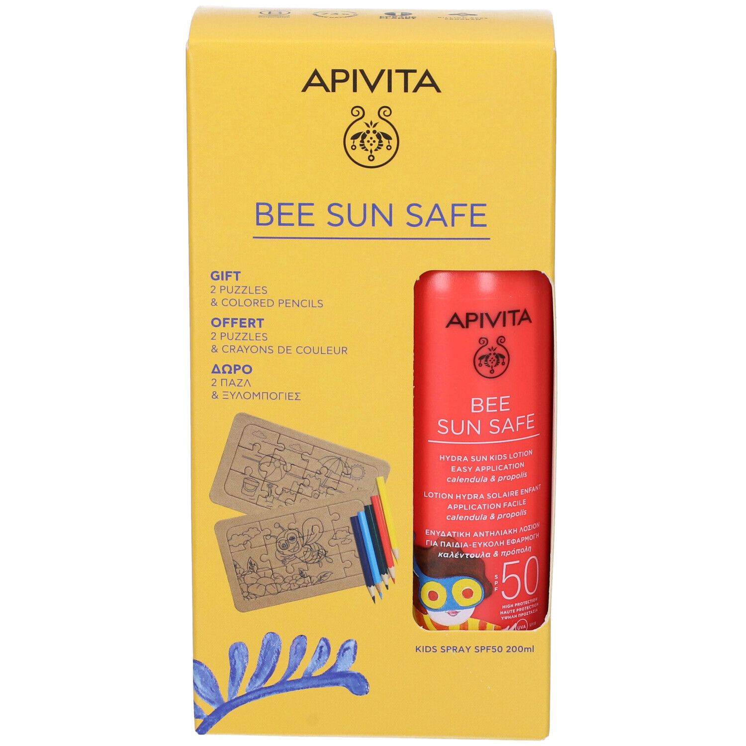 Confezione gialla con spray rosso e puzzle. Scritta: Bee Sun Safe, SPF50. Include matite colorate.
