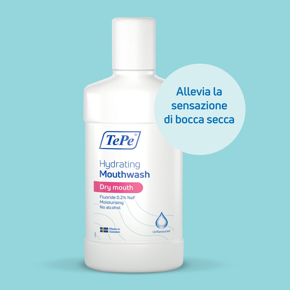 Flacone bianco TePe Hydrating Mouthwash Dry Mouth, 0,2% Fluoro, senza alcol.