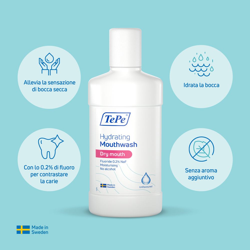 Flacone TePe Hydrating Mouthwash. Per bocca secca, con 0,2% di fluoruro. Senza alcol.