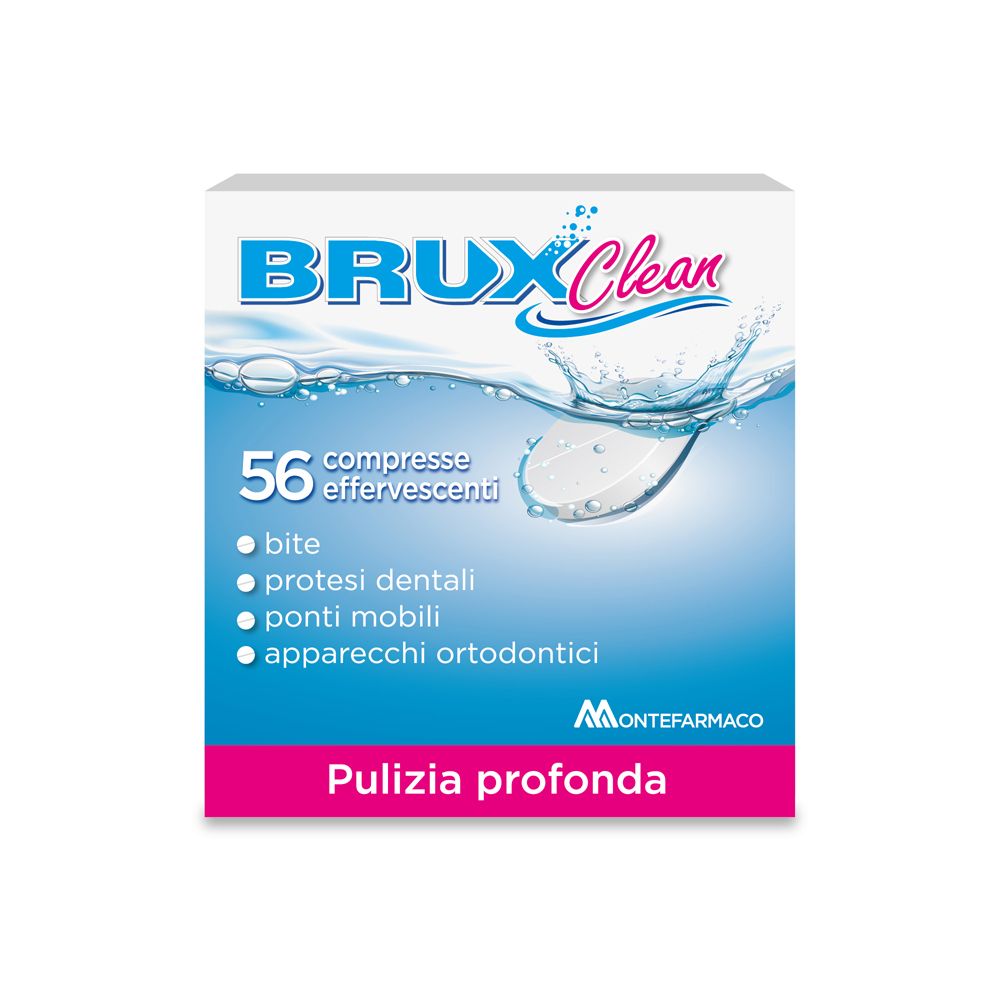Scatola Brux Clean. 56 compresse effervescenti. Per bite, protesi, ponti, apparecchi. Montefarmaco.