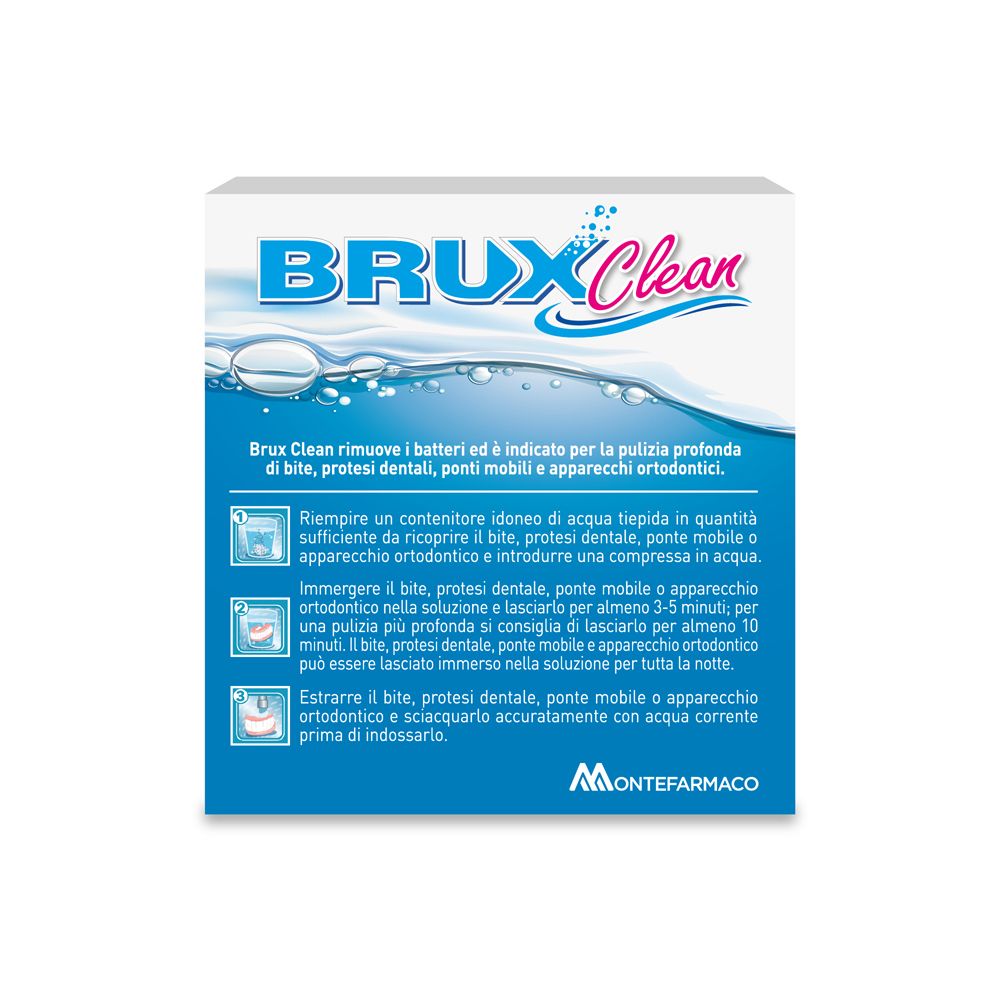 Scatola Brux Clean. Istruzioni per l'uso. Per bite, protesi, ponti, apparecchi. Montefarmaco.