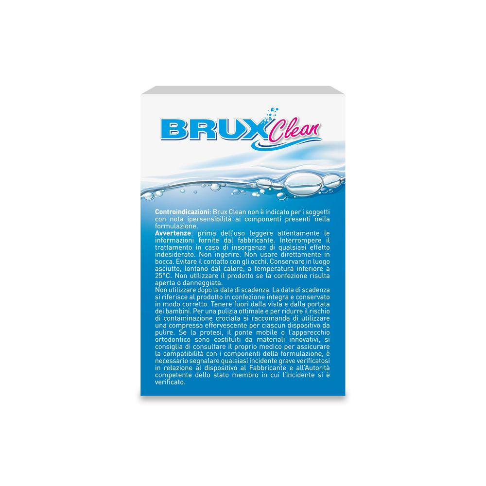 Scatola Brux Clean. Avvertenze e precauzioni. Testo in italiano.