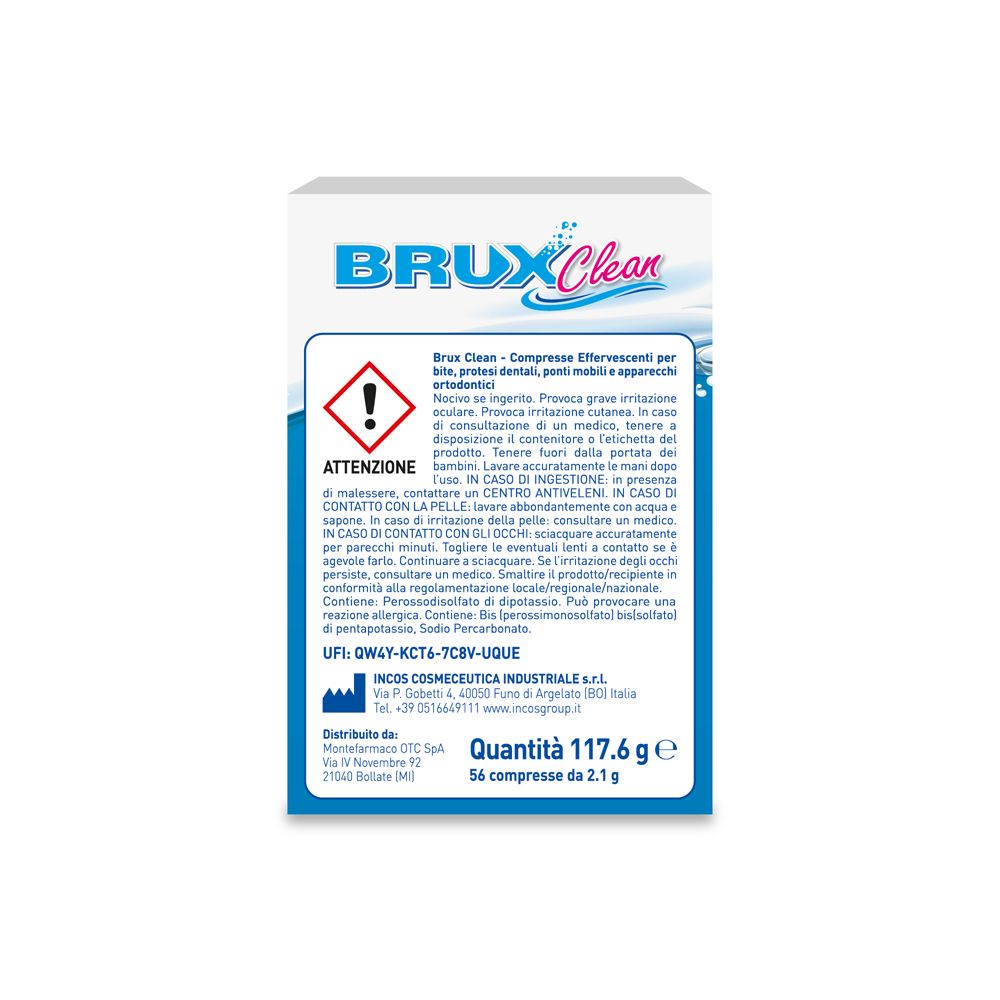Scatola Brux Clean. Avvertenze. Ingredienti. Quantità: 117,6 g. 56 compresse. Testo in italiano.