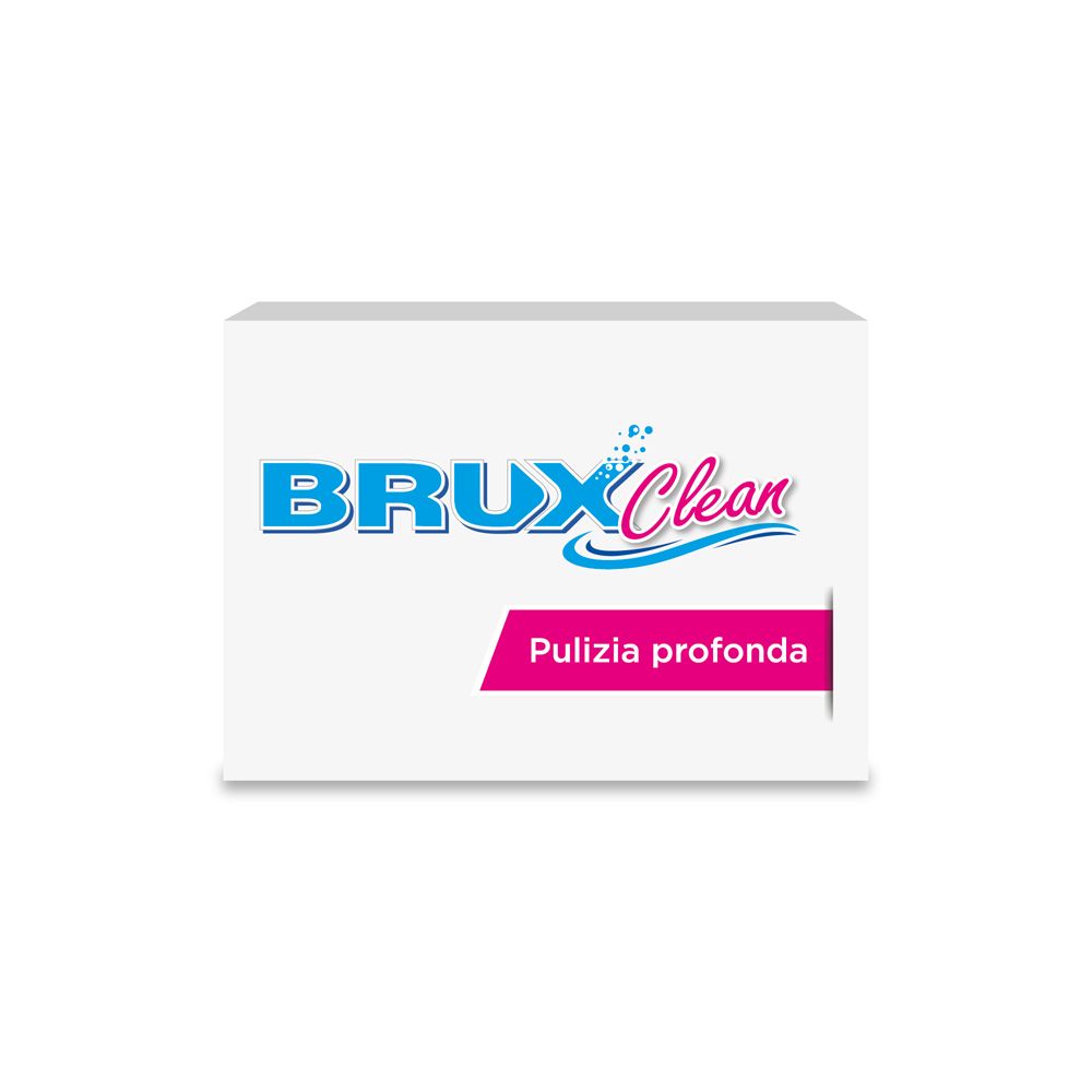 Scatola Brux Clean. Striscia rosa con testo. Sfondo bianco. Logo blu.