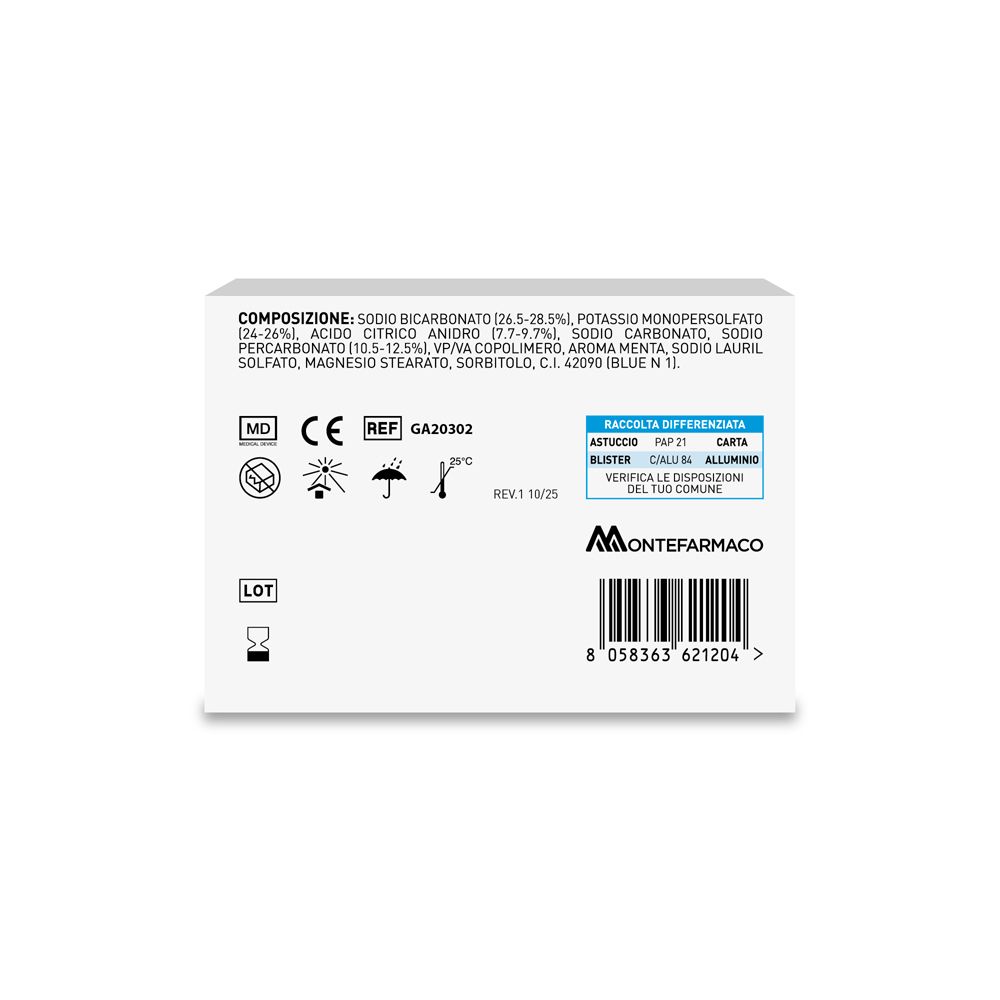 Retro scatola Brux Clean. Ingredienti, simboli, numero lotto, codice a barre. Testo in italiano.