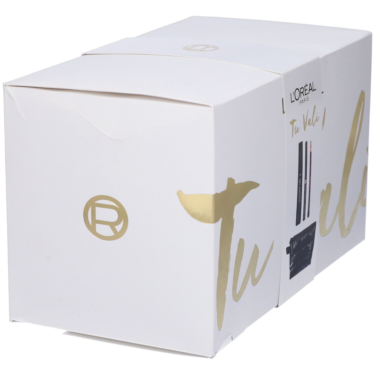 Scatola bianca con logo e scritta dorata. Contiene cosmetici.