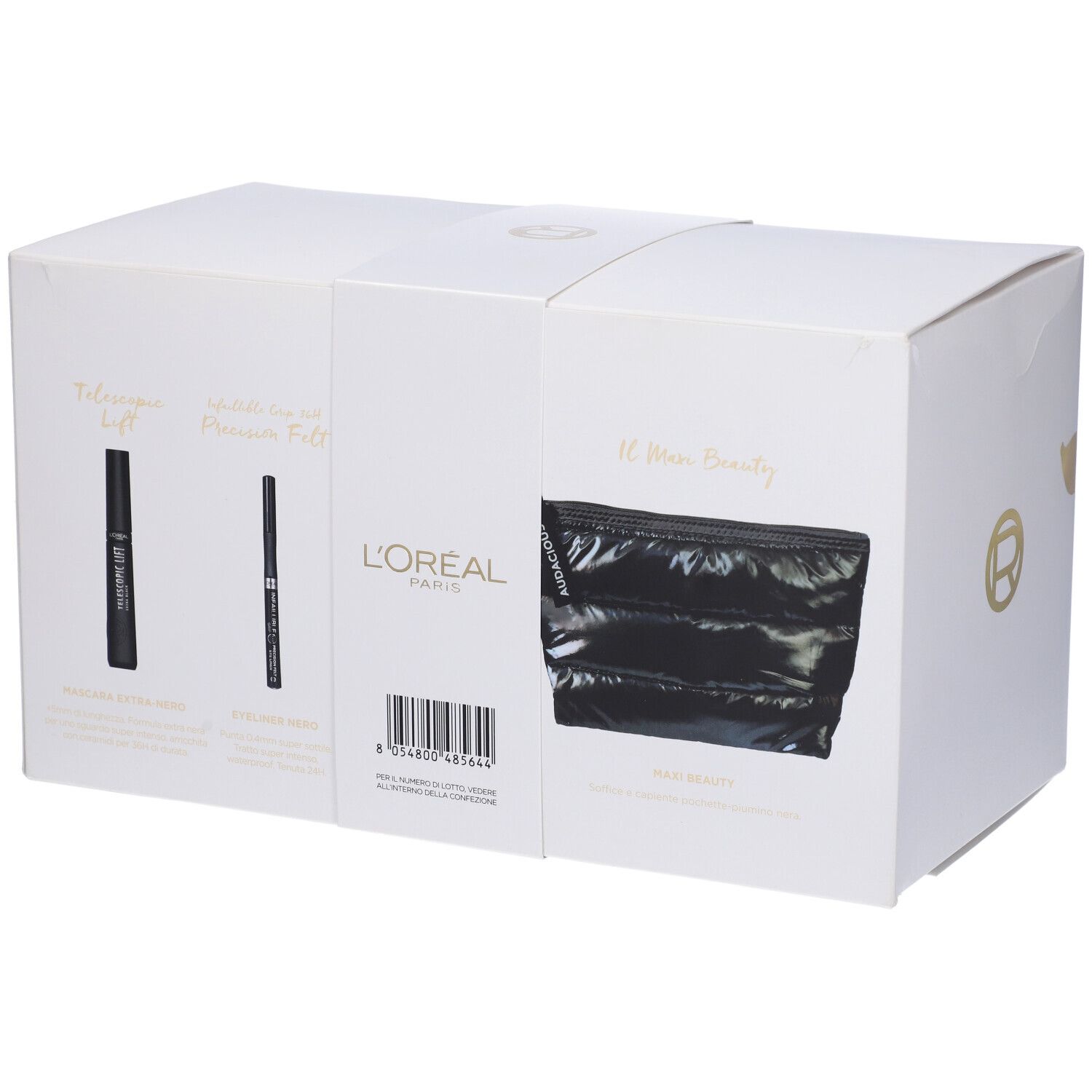 Scatola bianca con cosmetici e beauty case nero. Logo L'Oréal Paris.