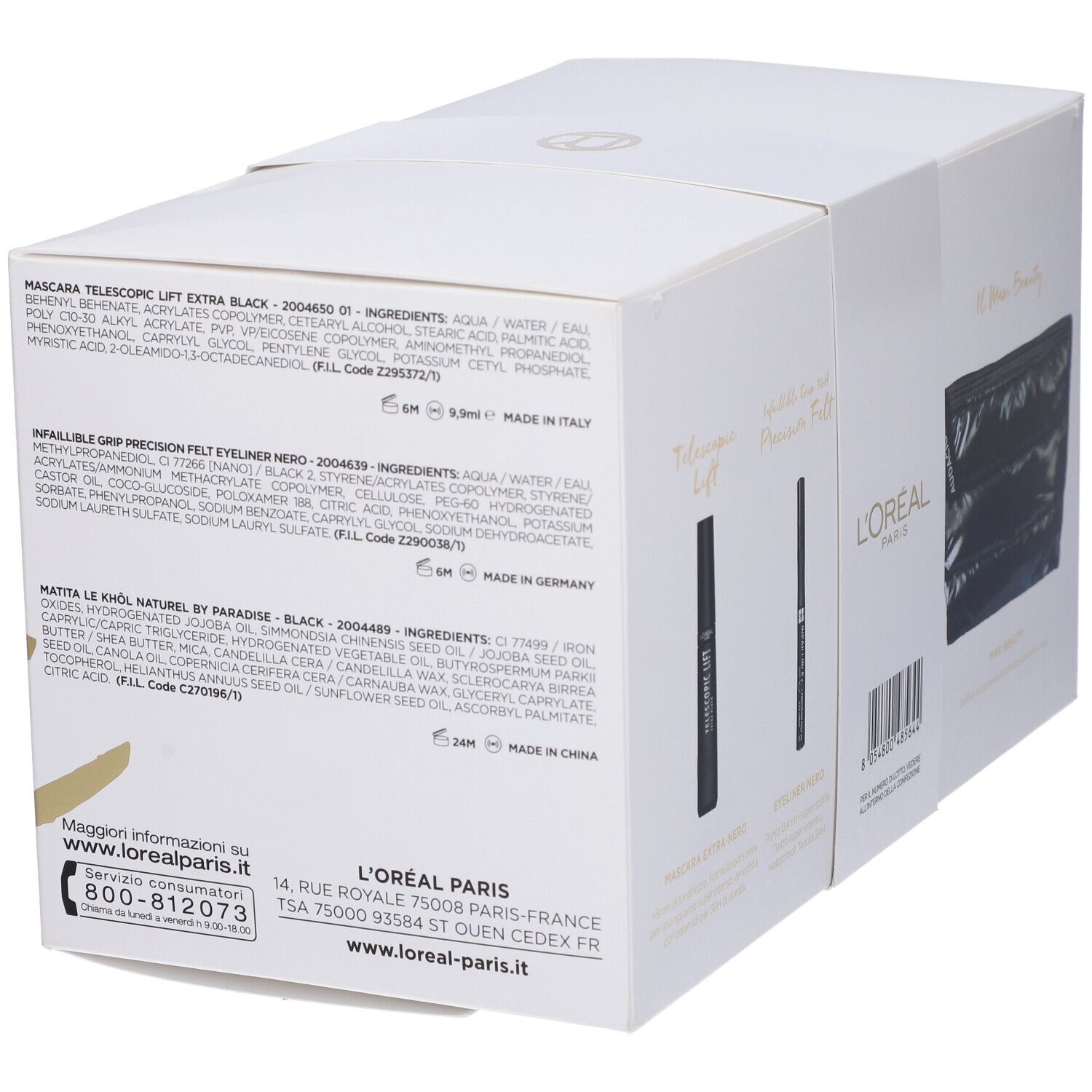 Scatola bianca con informazioni prodotto e cosmetici. Logo L'Oréal Paris.