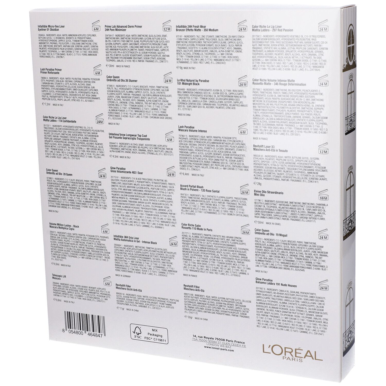 Retro del calendario dell'Avvento con informazioni sui prodotti e ingredienti. Logo L'Oréal Paris.