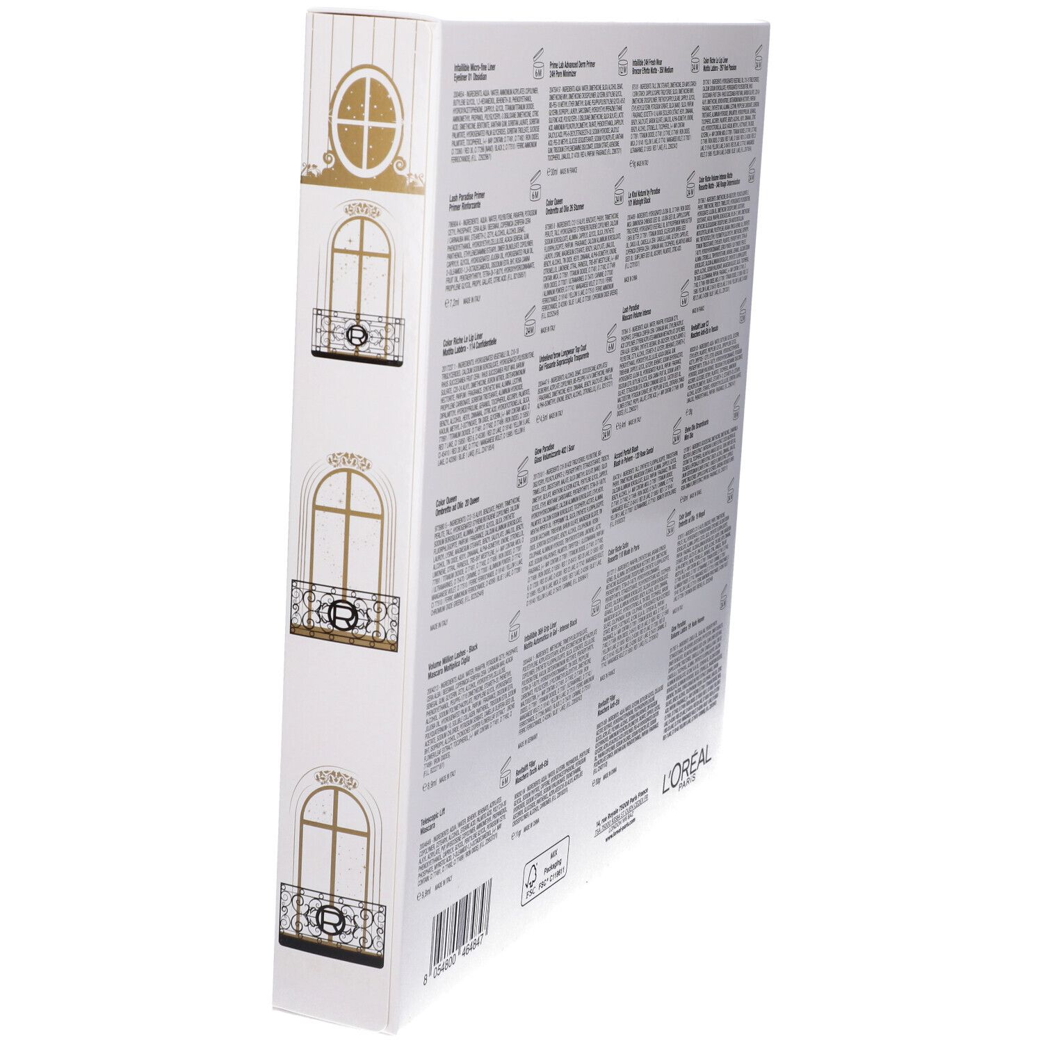 Vista laterale del calendario dell'Avvento con informazioni sui prodotti. Logo L'Oréal Paris.