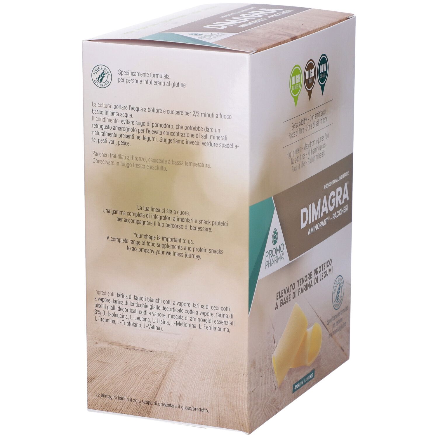 Retro della confezione DIMAGRA. Testo su ingredienti, valori nutrizionali e preparazione. Certificazione senza glutine.