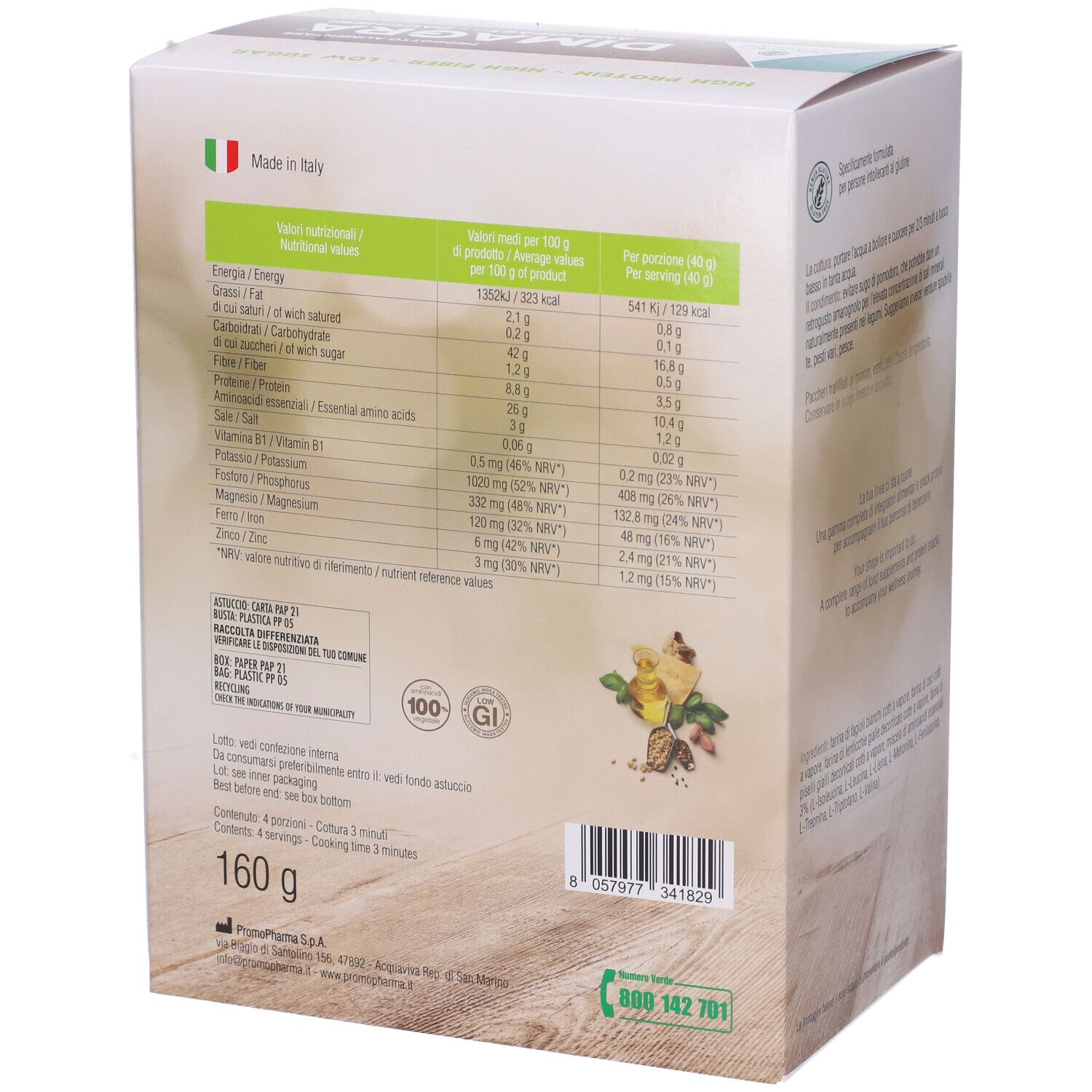 Retro della confezione DIMAGRA con informazioni nutrizionali. 160g. Prodotto in Italia. Certificazione senza glutine.