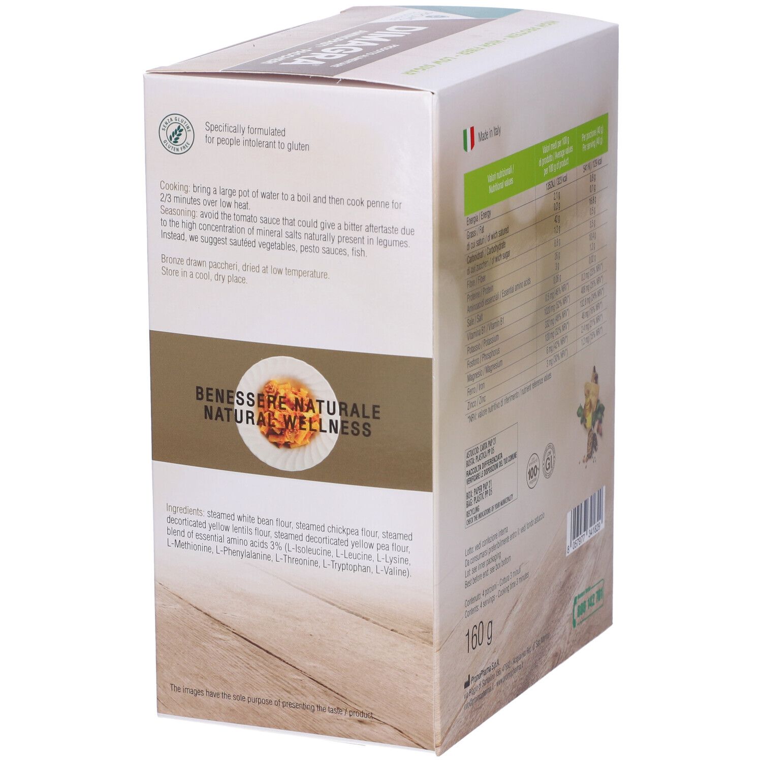 Retro della confezione DIMAGRA con istruzioni per la preparazione. 160g. Prodotto in Italia. Certificazione senza glutine.