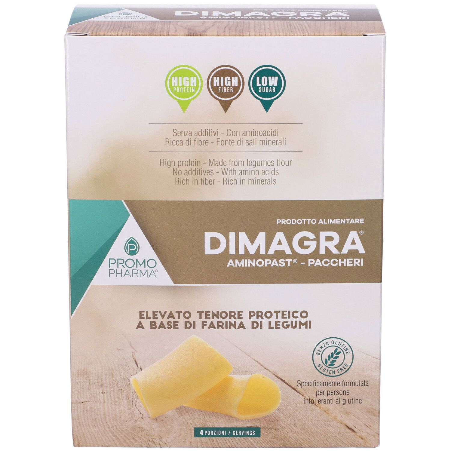 Confezione DIMAGRA Aminopast-Paccheri. Scritto: Elevato tenore proteico a base di farina di legumi. Certificazione senza glutine.
