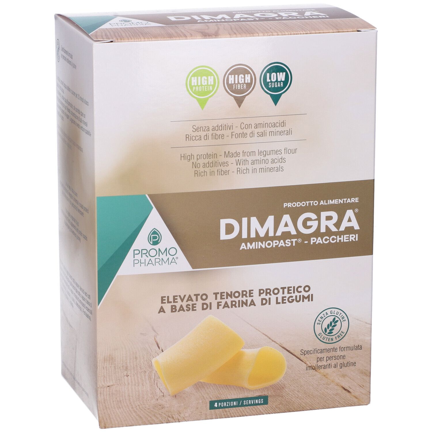 Confezione DIMAGRA Aminopast-Paccheri. Scritto: Elevato tenore proteico a base di farina di legumi. Certificazione senza glutine.
