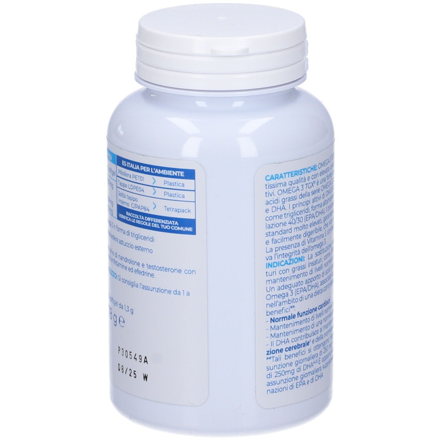 Retro del flacone bianco. Testo in italiano. Informazioni sull'eco-compatibilità e sugli ingredienti.