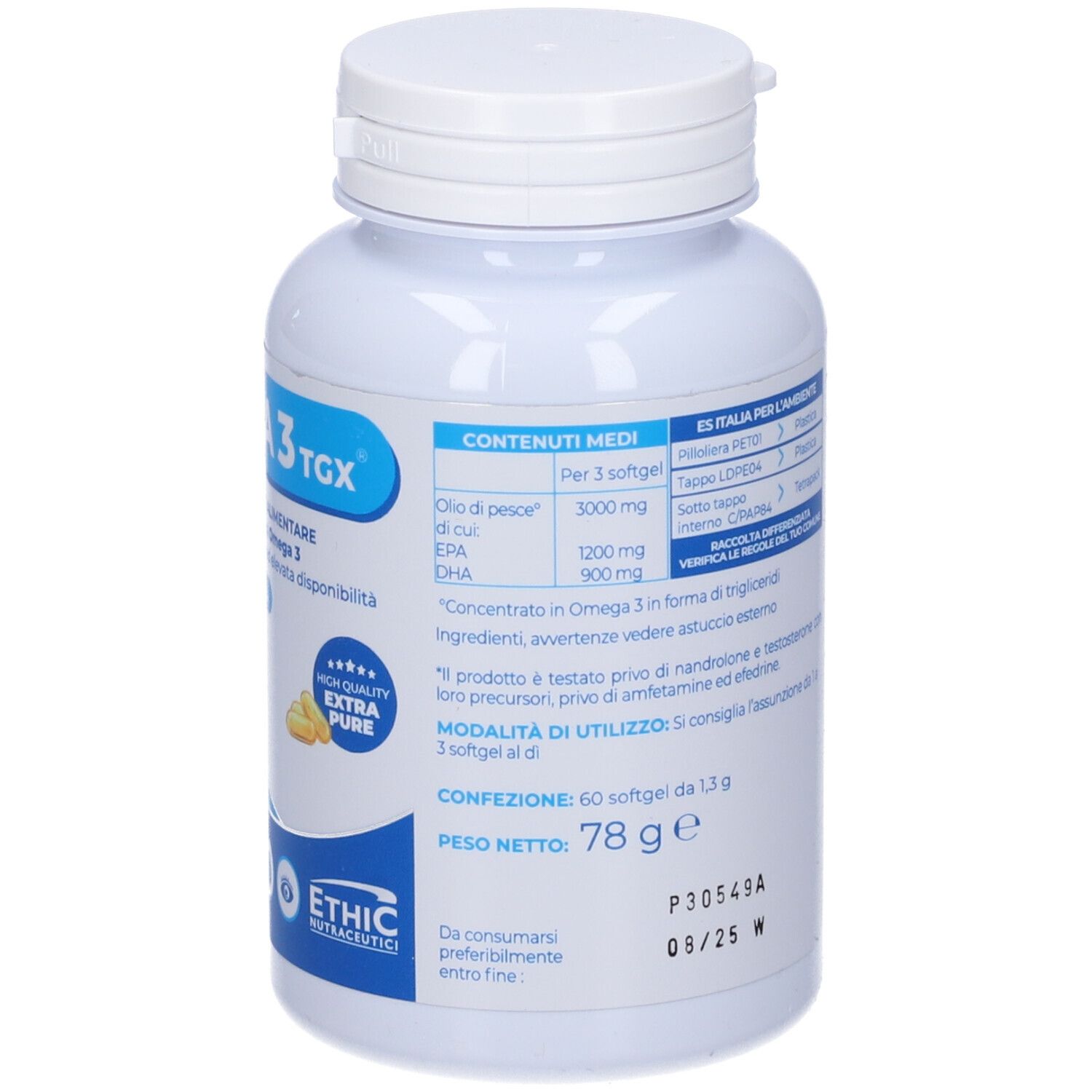 Flacone bianco con etichetta blu e bianca. Contiene informazioni su ingredienti e utilizzo. Peso netto 78 g.