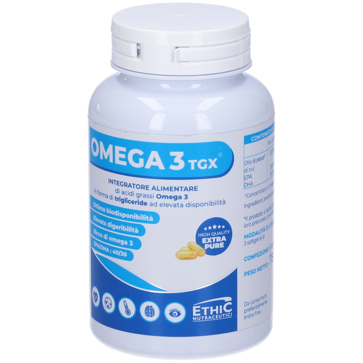 Flacone bianco con etichetta blu e bianca. Scritta OMEGA 3 TGX. Contiene capsule. Logo ETHIC Nutraceutici.