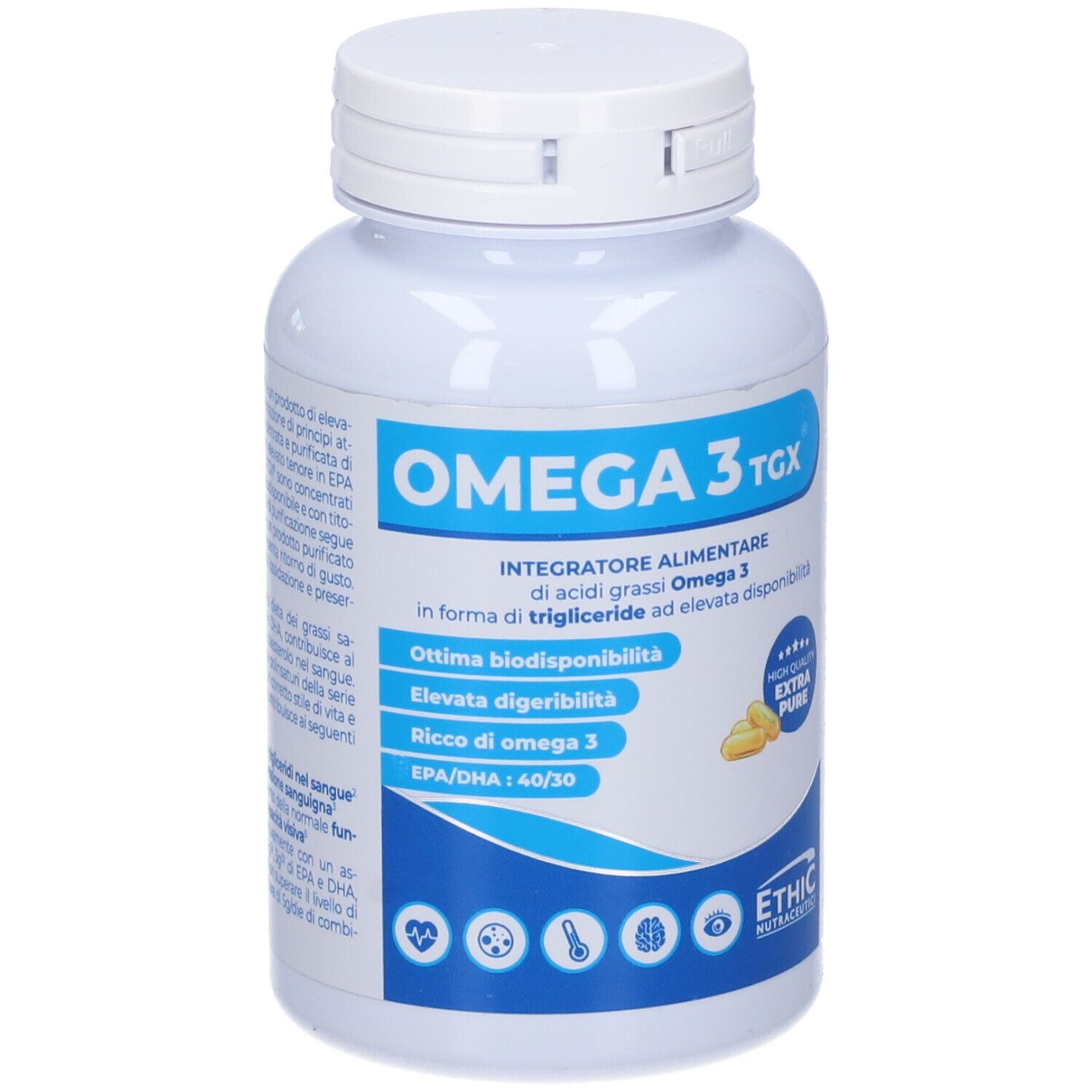 Flacone bianco con etichetta blu e bianca. Scritta OMEGA 3 TGX. Contiene capsule. Logo ETHIC Nutraceutici.