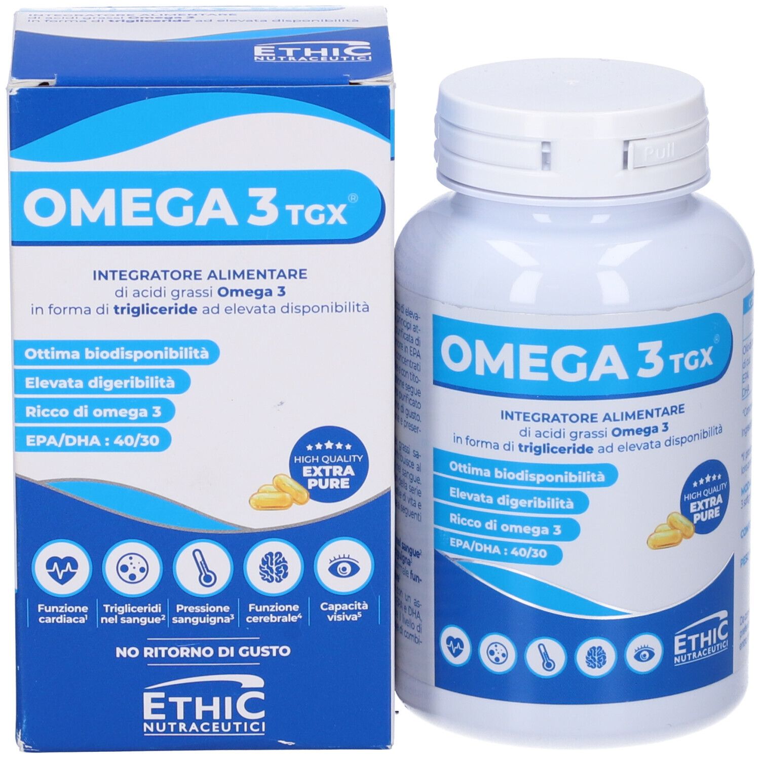 Confezione e flacone del prodotto. Scritta OMEGA 3 TGX. Contiene capsule. Logo ETHIC Nutraceutici. Confezione blu.