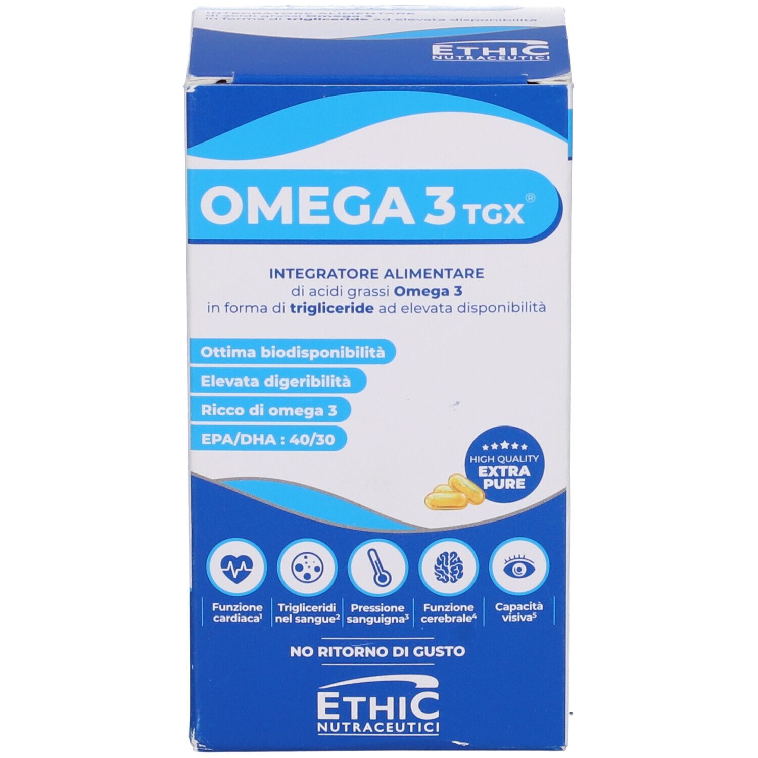 Confezione blu del prodotto. Scritta OMEGA 3 TGX. Contiene capsule. Logo ETHIC Nutraceutici. Informazioni sulla confezione.