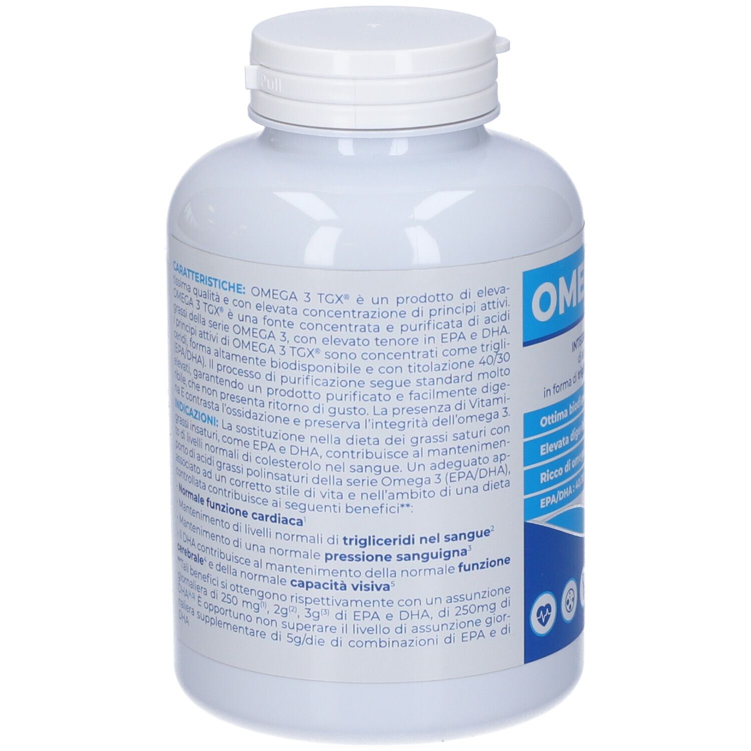 Retro del flacone bianco Omega 3 TGX. Informazioni testuali sull'etichetta blu e bianca.