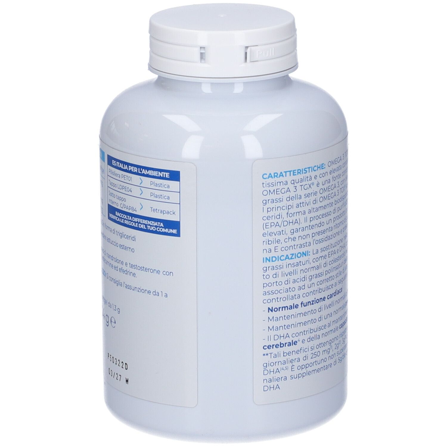 Retro del flacone bianco Omega 3 TGX. Informazioni testuali sull'etichetta blu e bianca.