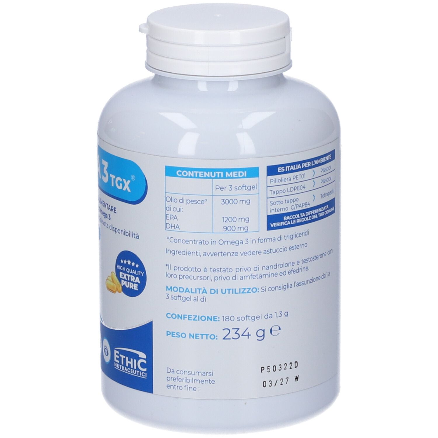 Flacone bianco Omega 3 TGX. Contiene 180 softgel. Peso netto: 234 g. Marchio: ETHIC Nutraceutici.