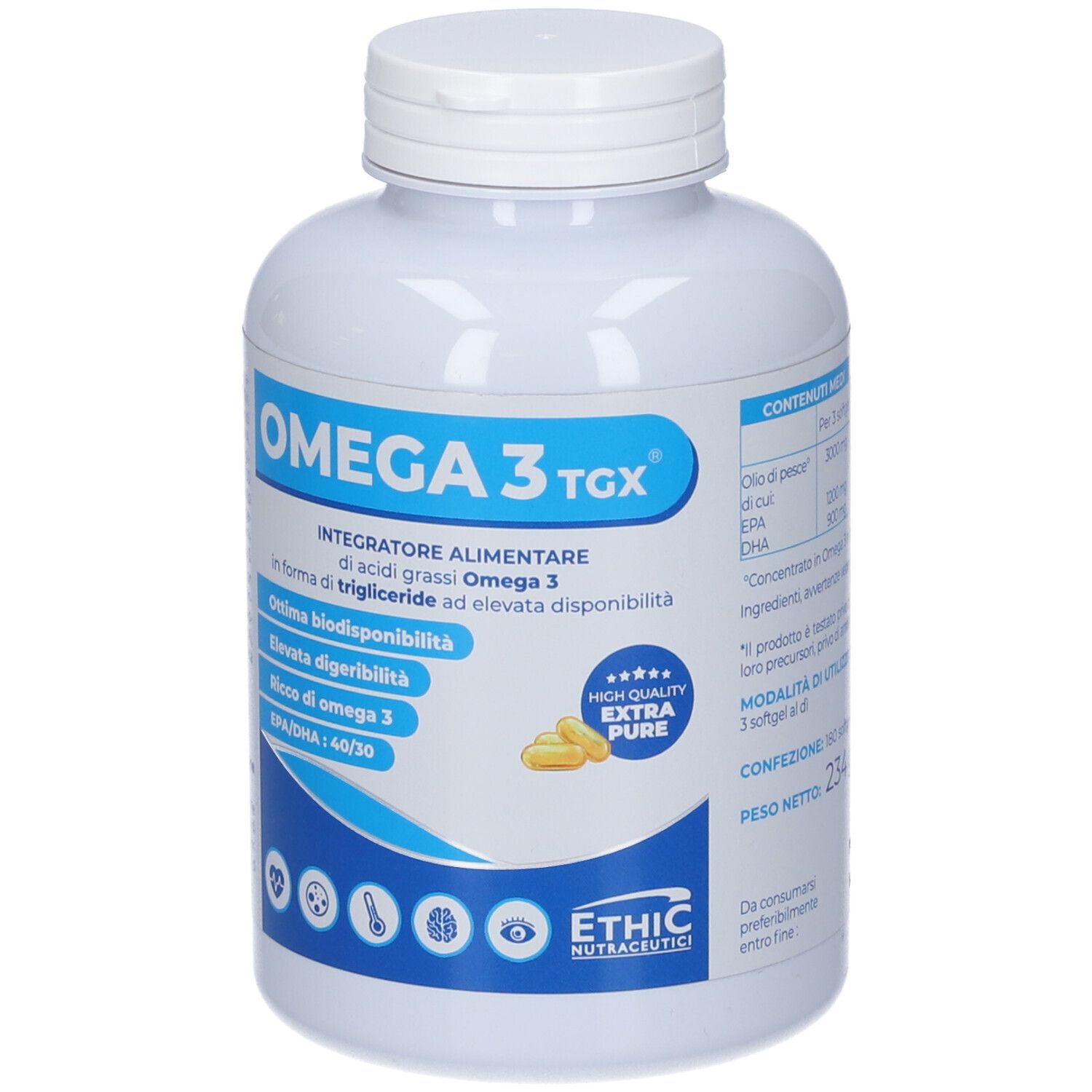Flacone bianco Omega 3 TGX. Etichette blu e bianche. Contiene capsule. Marchio: ETHIC Nutraceutici.
