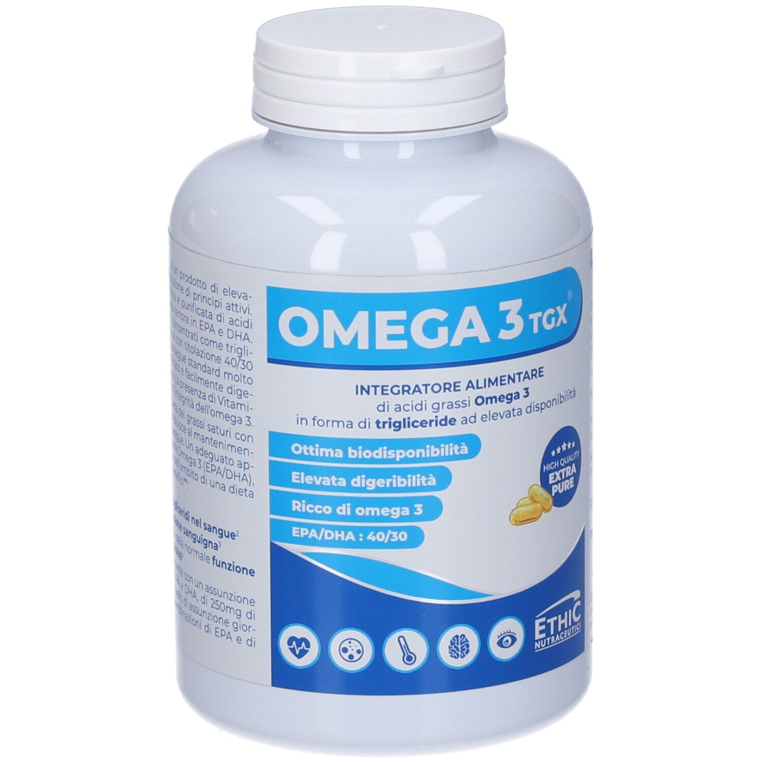 Flacone bianco Omega 3 TGX. Etichette blu e bianche. Contiene capsule. Marchio: ETHIC Nutraceutici.