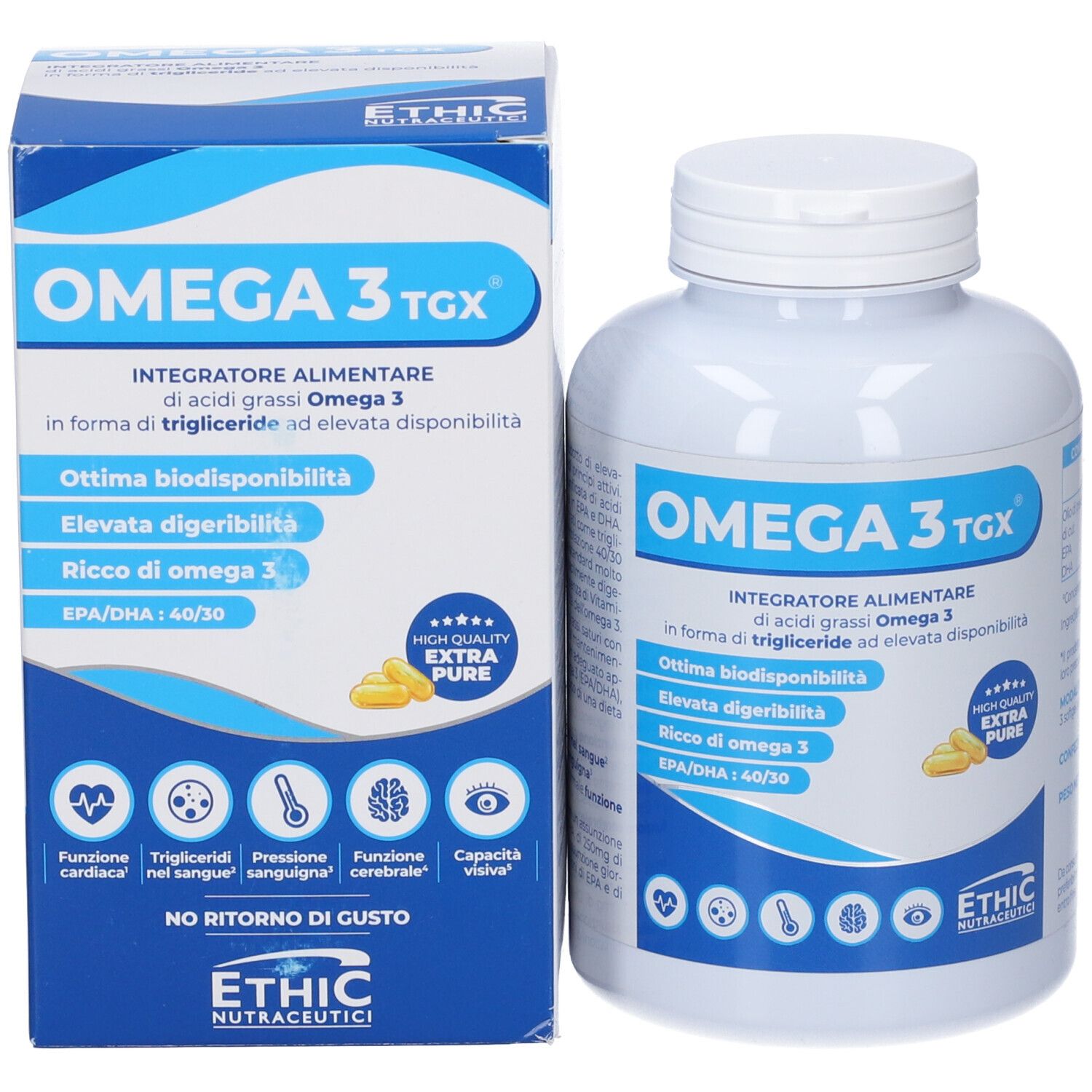 Confezione e flacone Omega 3 TGX. Contiene capsule. Marchio: ETHIC Nutraceutici.