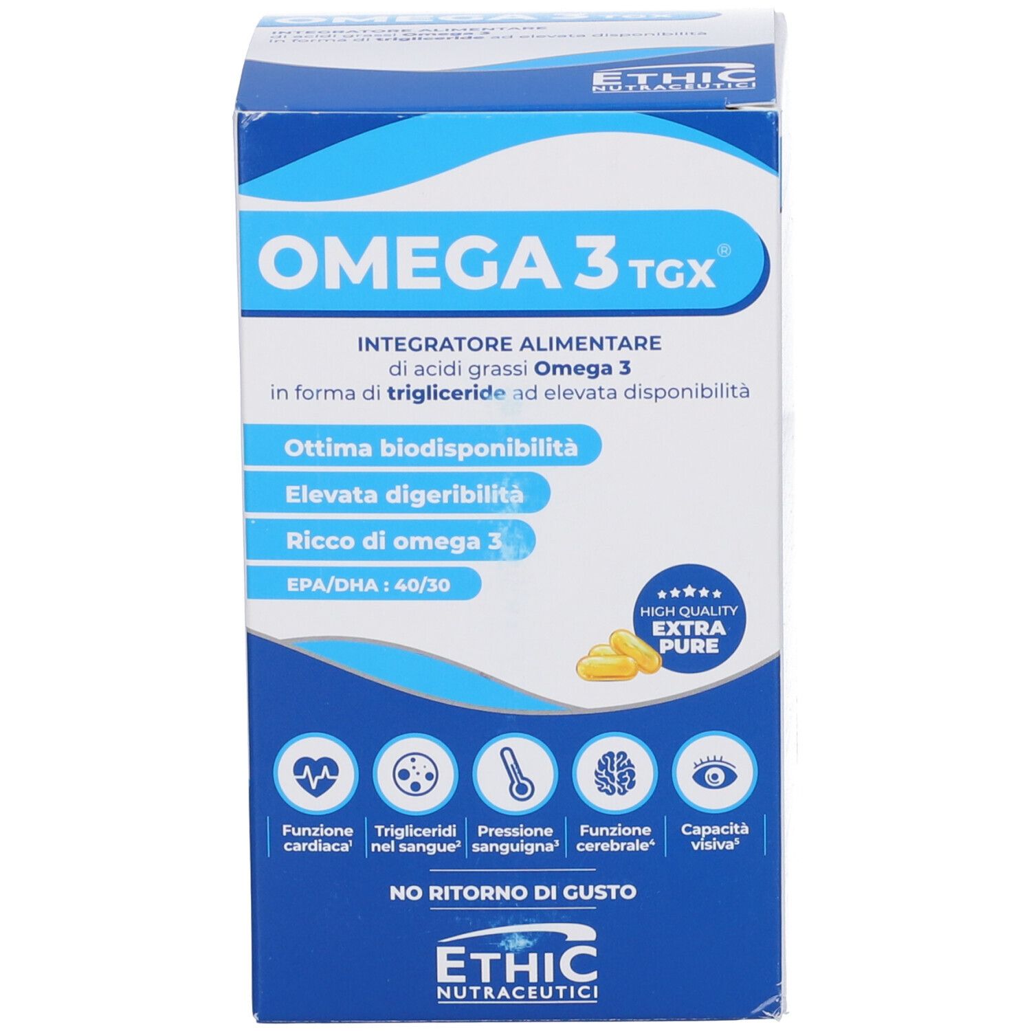 Confezione Omega 3 TGX. Confezione blu e bianca. Contiene capsule. Marchio: ETHIC Nutraceutici.