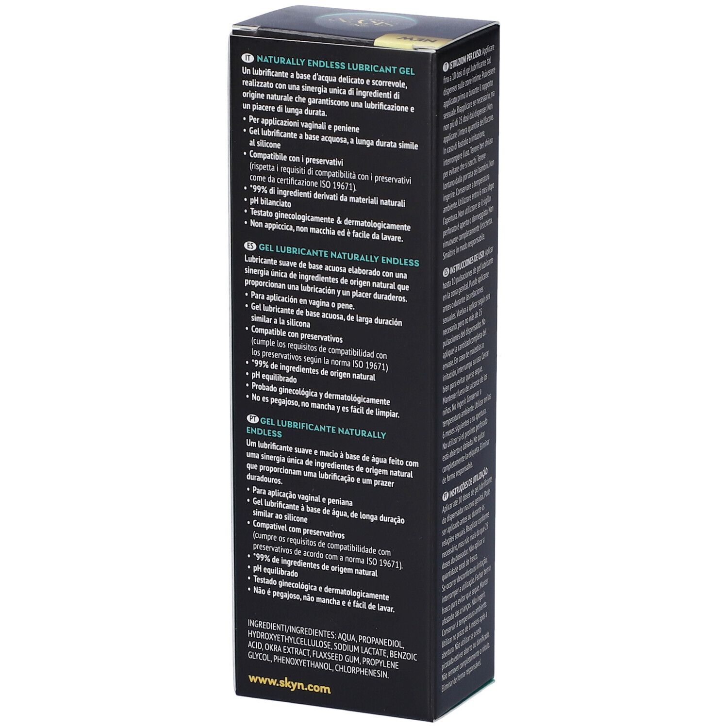 Confezione nera, testo in inglese. Logo SKYN. Informazioni sul prodotto. 99% ingredienti naturali.