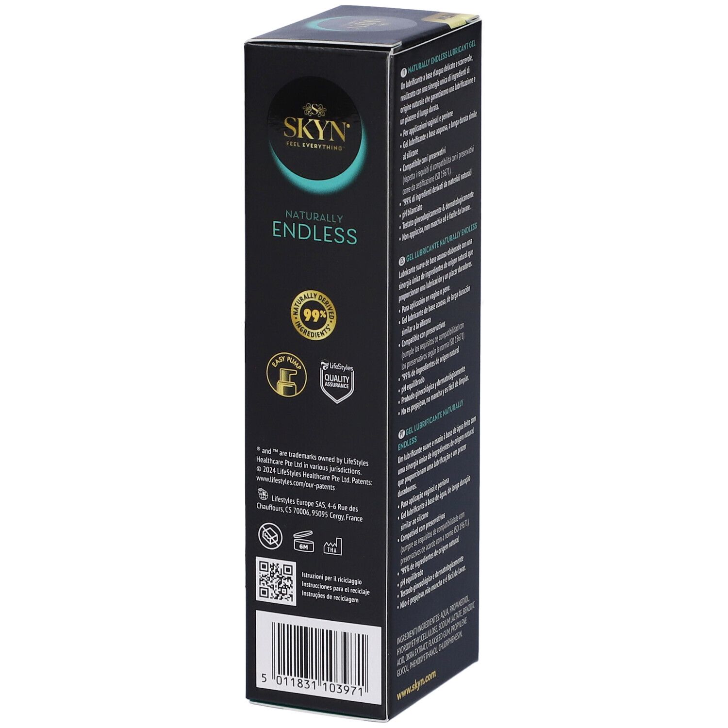 Confezione nera, testo in inglese. Logo SKYN. Informazioni sul prodotto. Marchi di qualità. Codice QR.