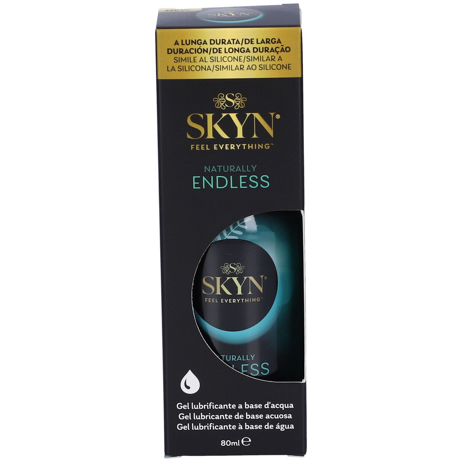 Confezione nera con prodotto. Logo SKYN e scritta "NATURALLY ENDLESS". Flacone di gel visibile. 80ml.