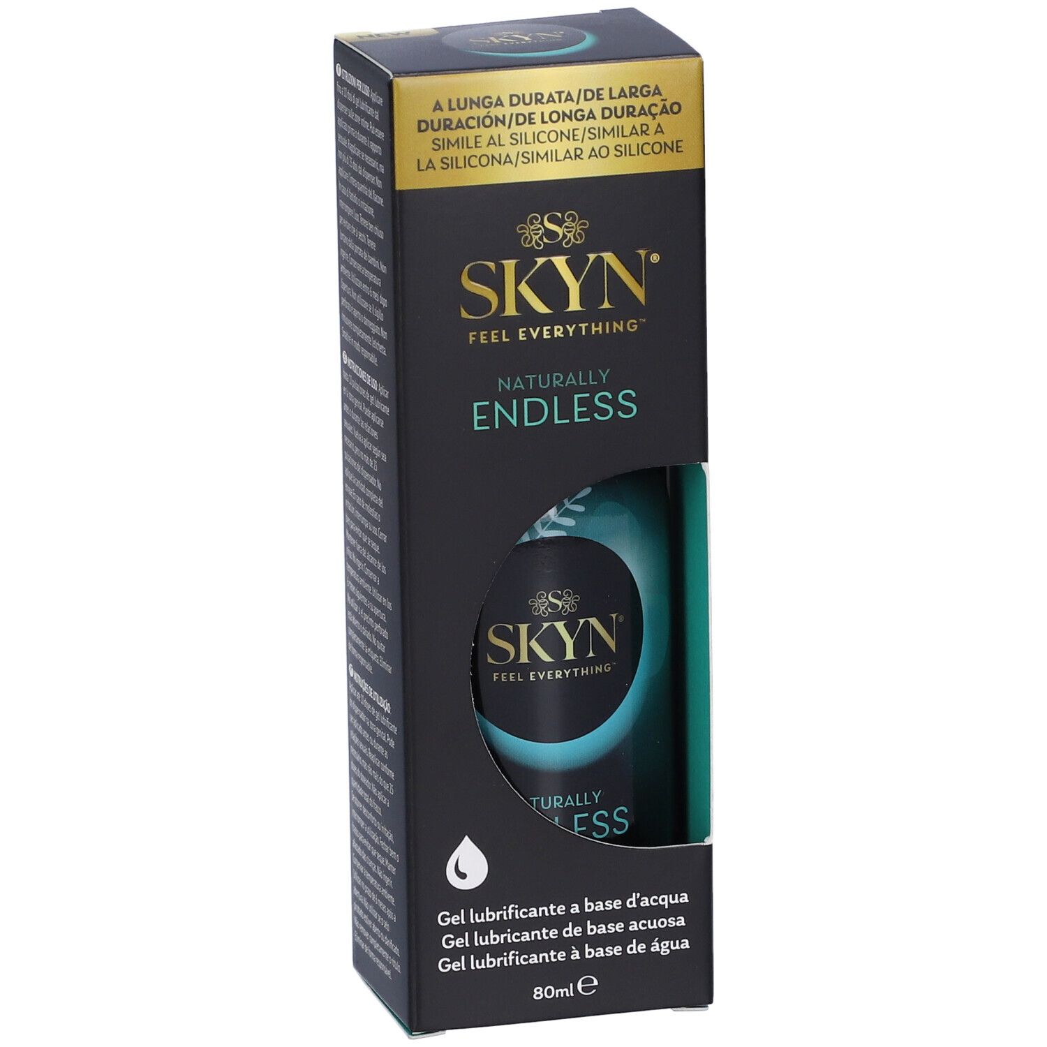 Confezione nera con prodotto. Logo SKYN e scritta "NATURALLY ENDLESS". Flacone di gel visibile. 80ml.