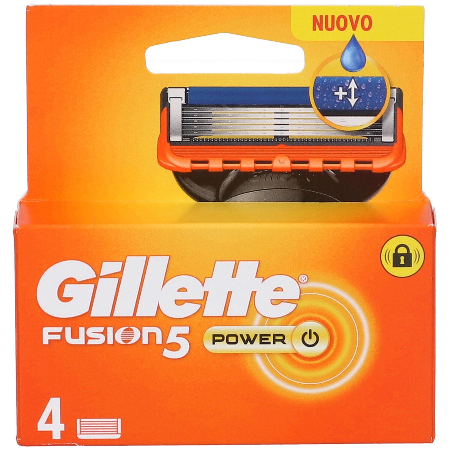 Confezione da 4 lame Gillette Fusion5 Power. Confezione arancione con lame. Testo: Gillette Fusion5 Power, 4.