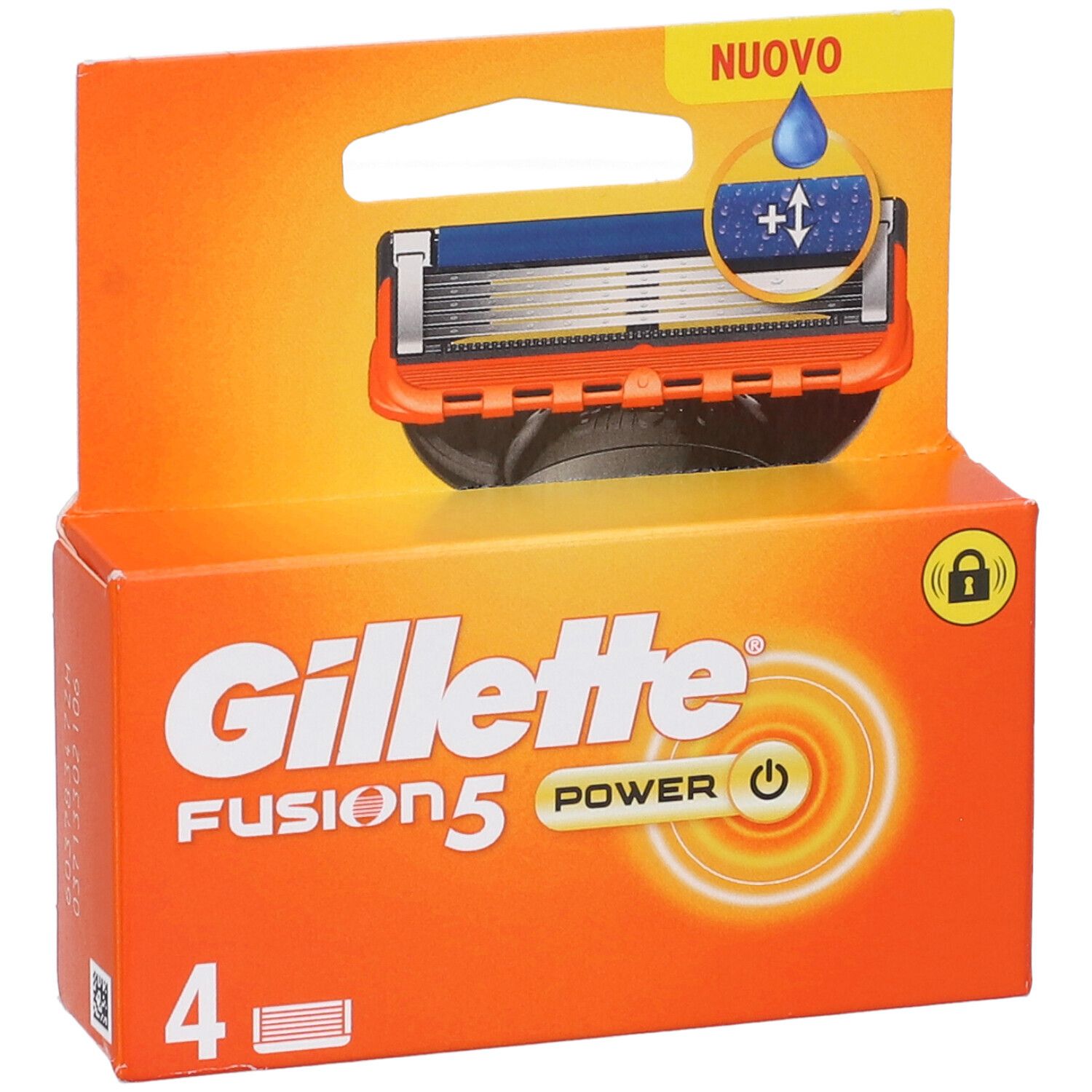 Confezione da 4 lame Gillette Fusion5 Power. Confezione arancione con lame. Testo: Gillette Fusion5 Power, 4.